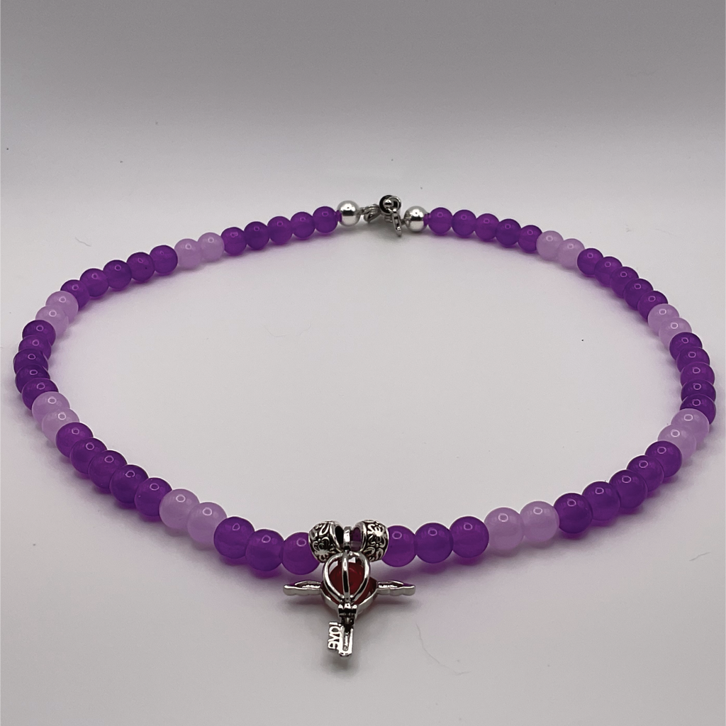 20" Light and Dark Purple Angel Wing Red Gem Key Glass Necklace