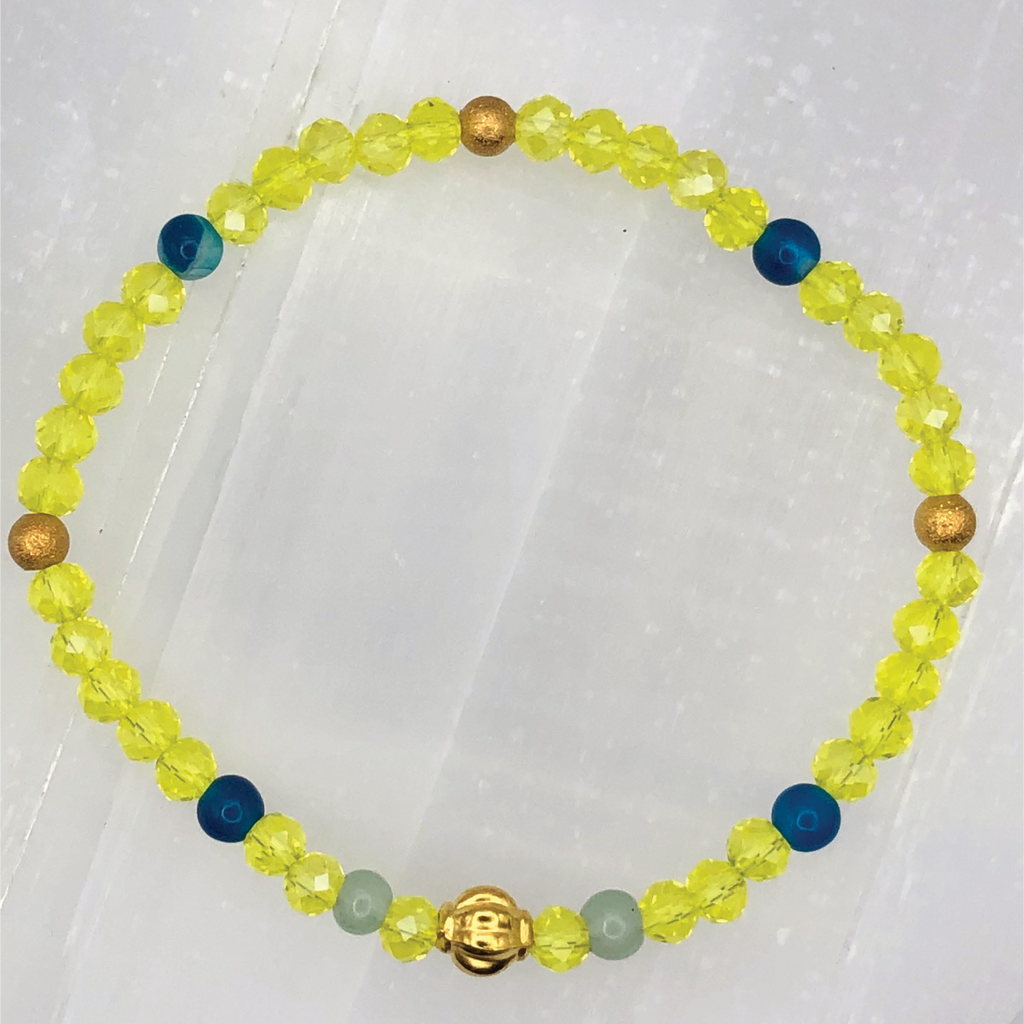 15.5 cm (6.1") Yellow Bracelet with Blue Light Green and Gold Spacers