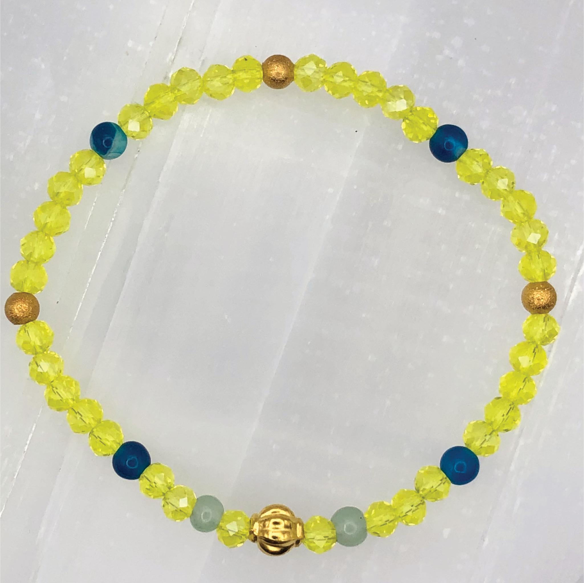 15.5 cm (6.1") Yellow Bracelet with Blue Light Green and Gold Spacers
