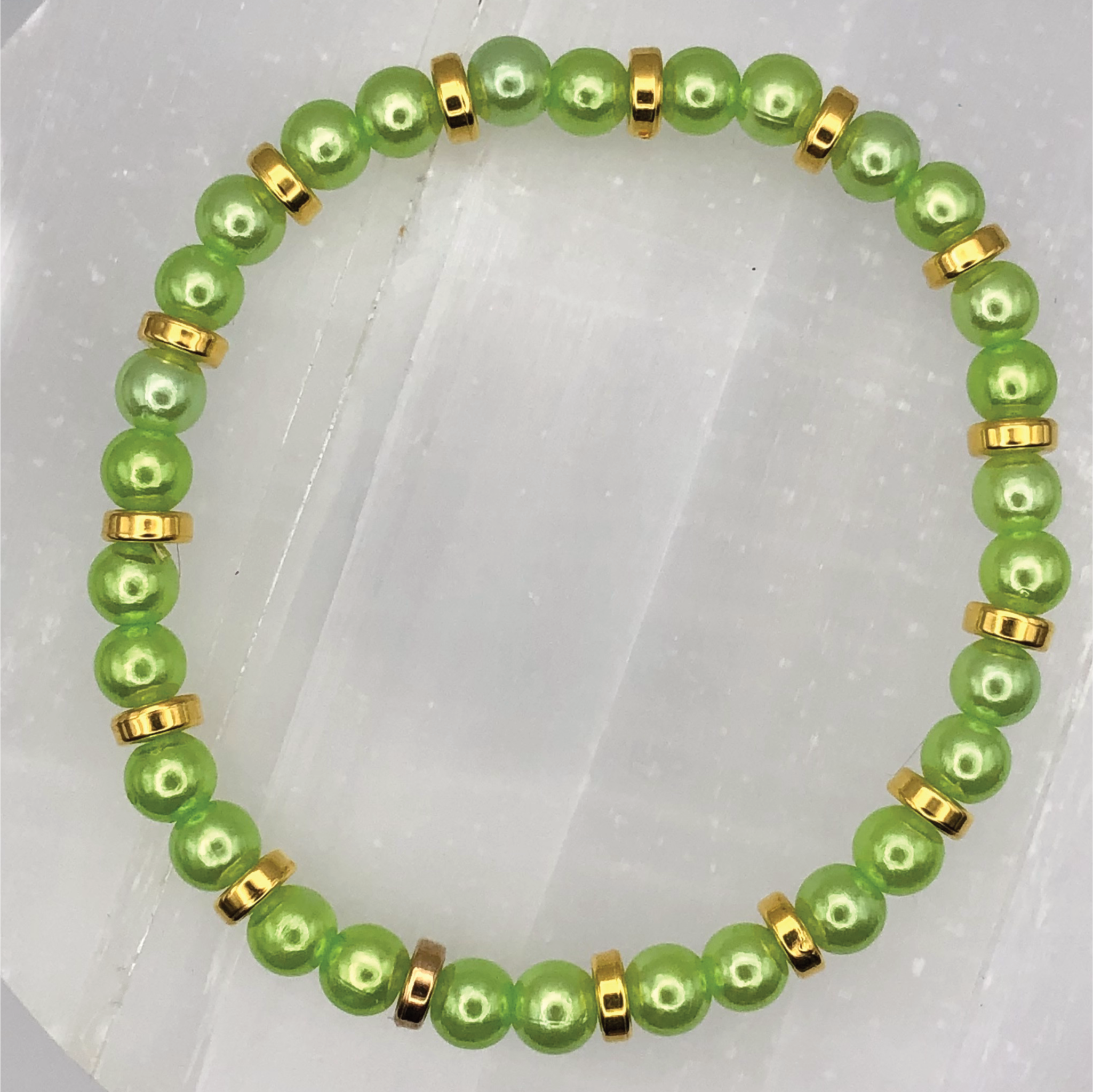 Lime Green Glass Bracelet with Gold Spacers