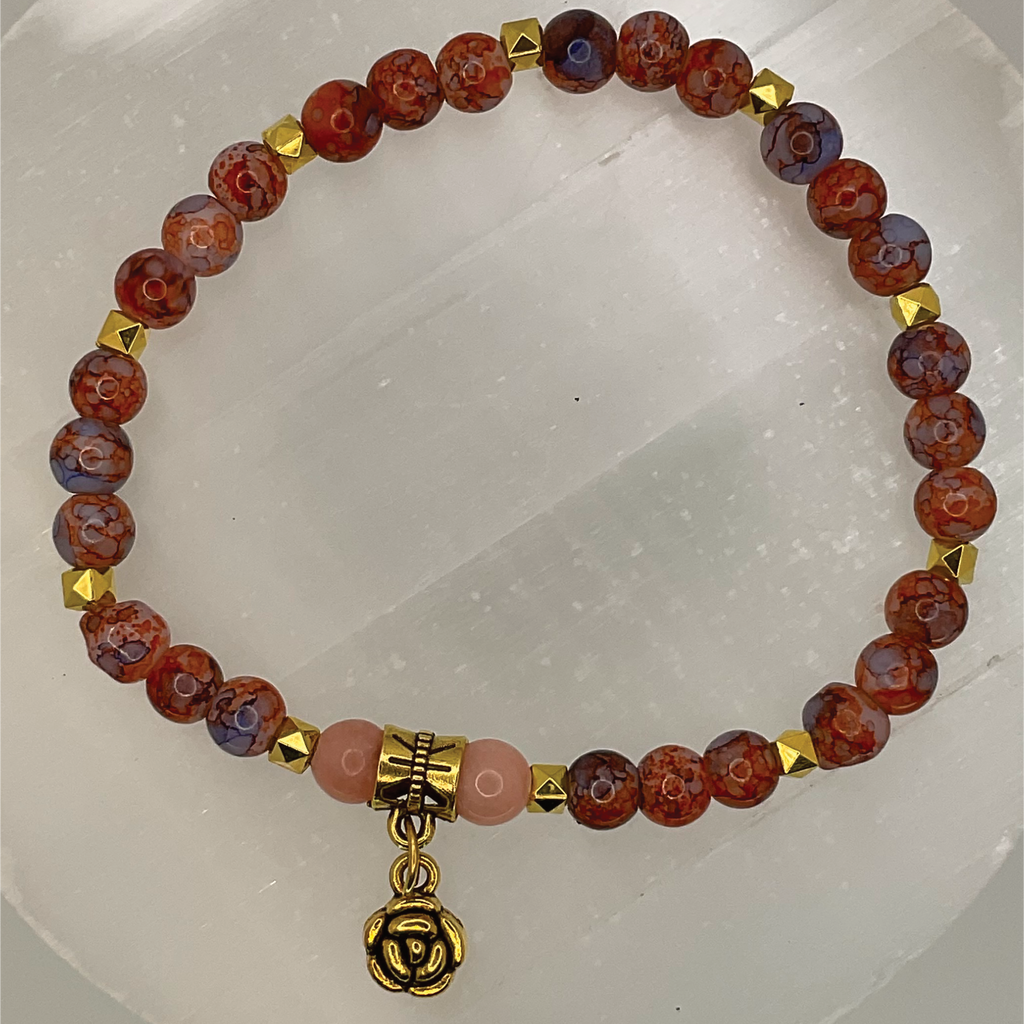 Brecciated Jasper Rose Quartz Blossom Charm Bracelet with Gold Spacers
