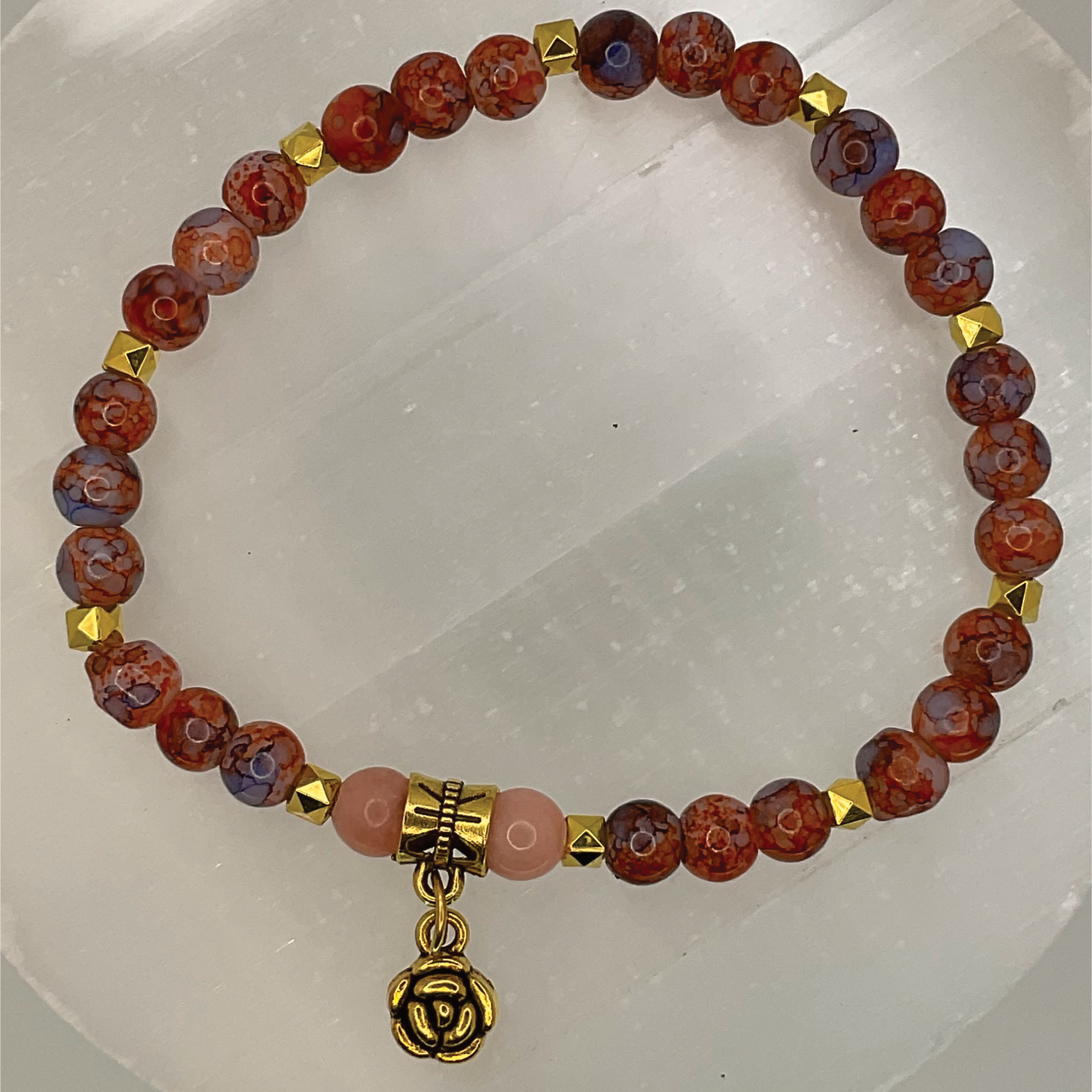 Brecciated Jasper Rose Quartz Blossom Charm Bracelet with Gold Spacers