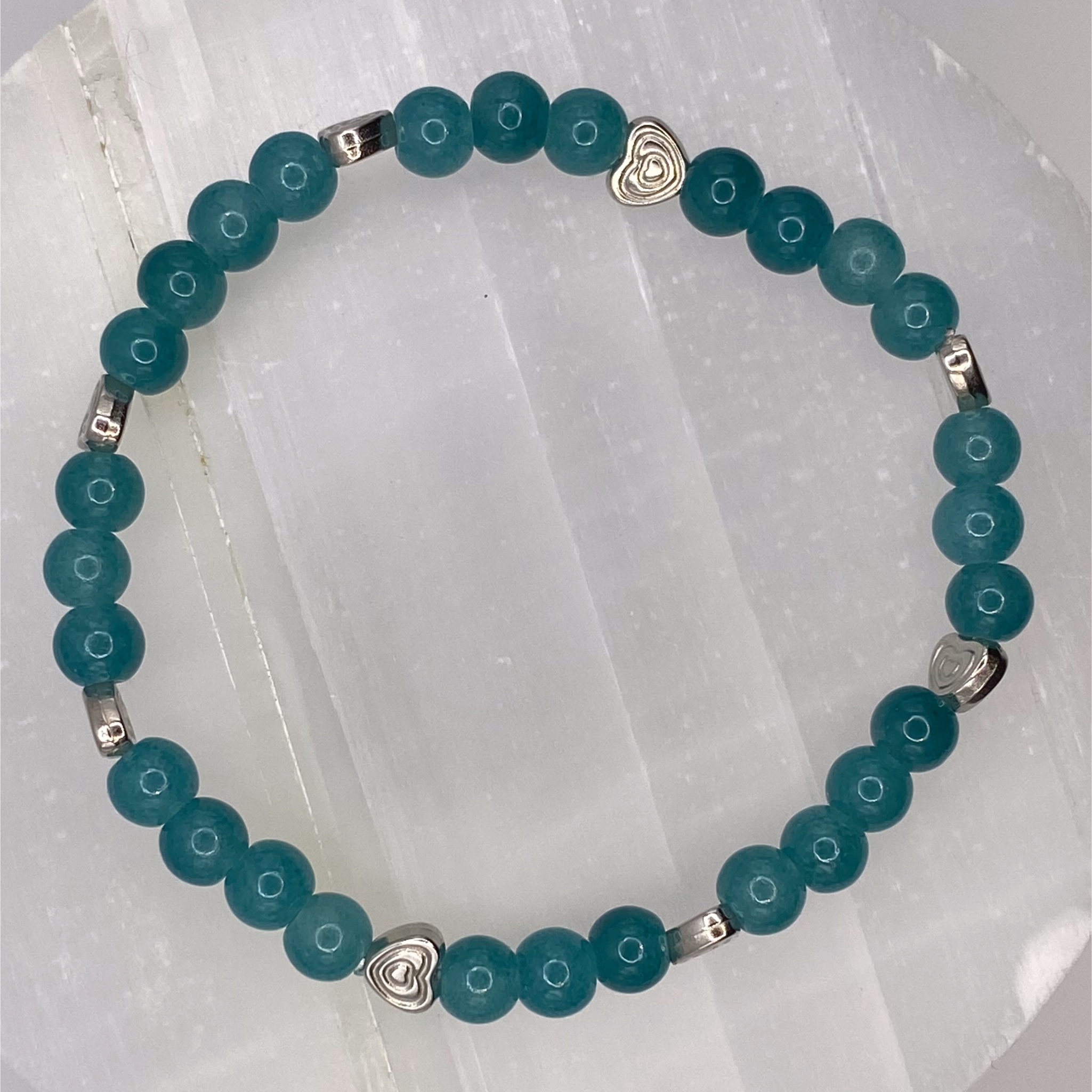 Aqua Glass Bracelet with Silver Heart Spacers