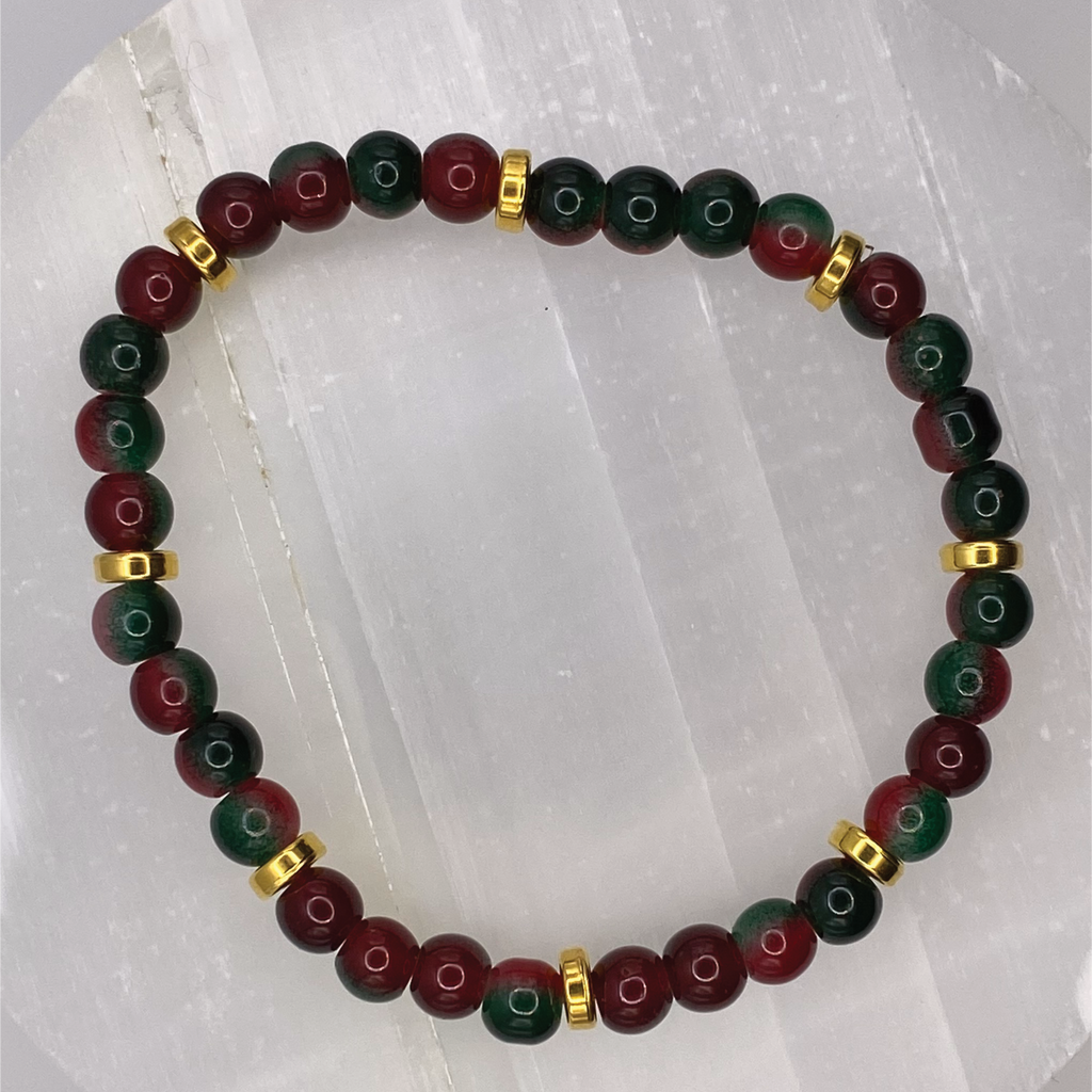 Red Green Glass Bracelet with Gold Spacers