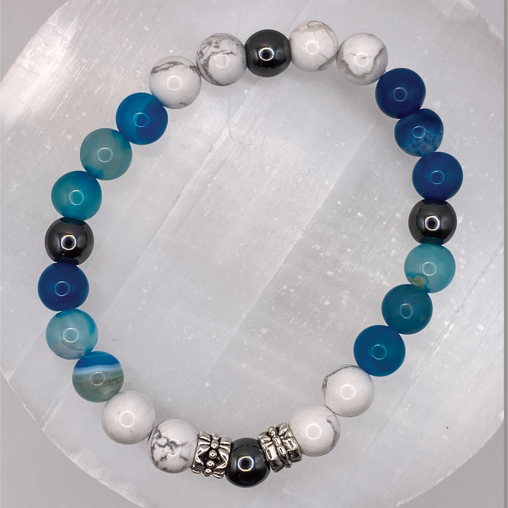 Blue Dragon Vein Agate Hematite Magnesite Bracelet with Silver Tone Spacers