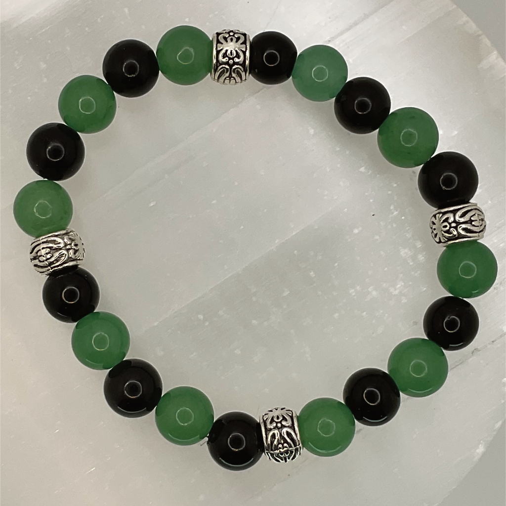 Green Chalcedony Black Agate Bracelet with Silver Spacers