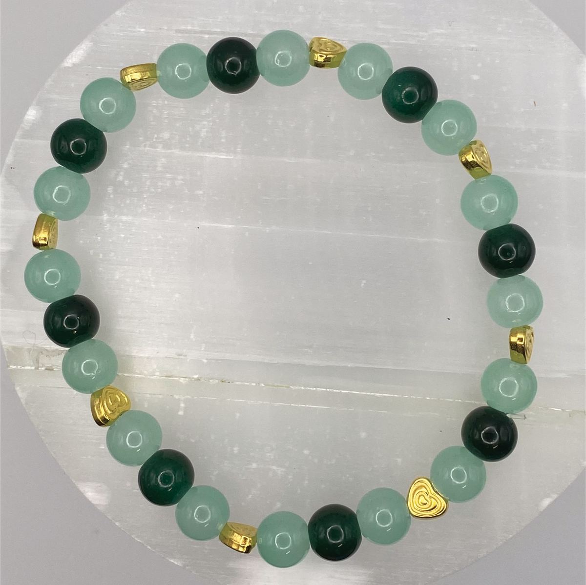 Light and Dark Green Glass Bracelet with Gold Heart Spacers