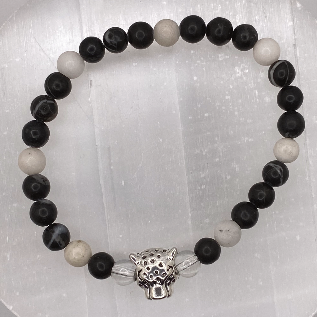 Clear and Milky Quartz Black Agate Jaguar Charm Bracelet