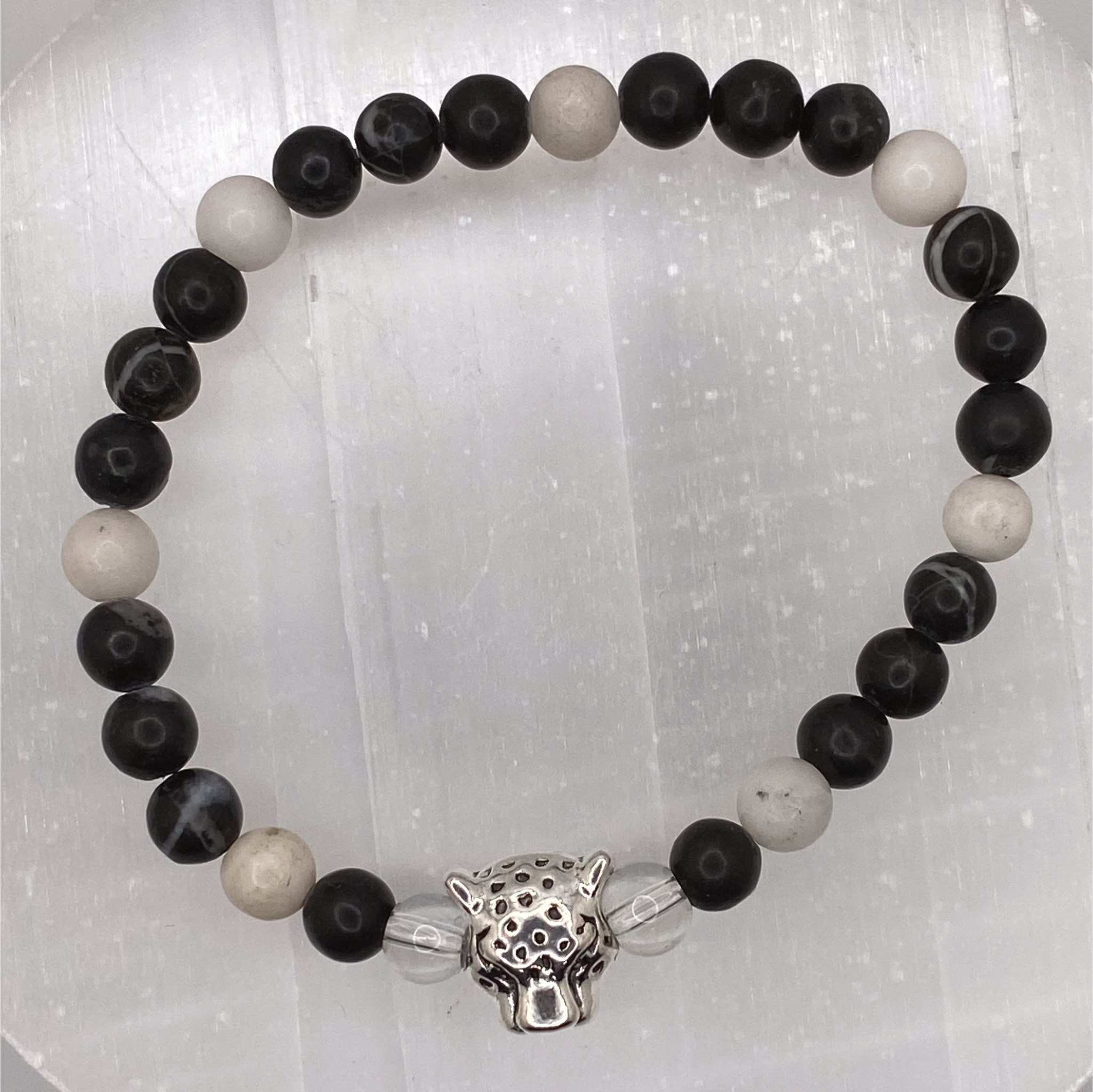 Clear and Milky Quartz Black Agate Jaguar Charm Bracelet