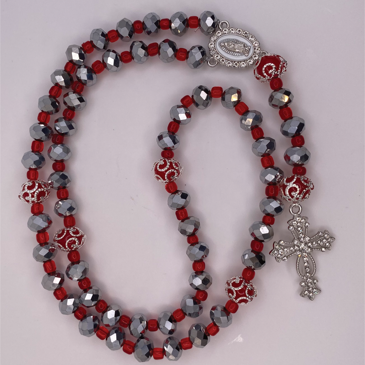 Grey Faceted Red Spacers Full 5 Decade Silver Rosary