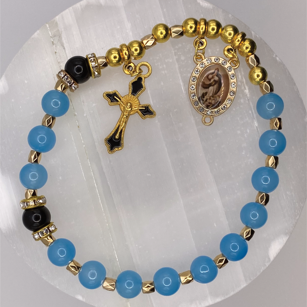 Powder Blue Black 1 Decade Gold Rosary Bracelet