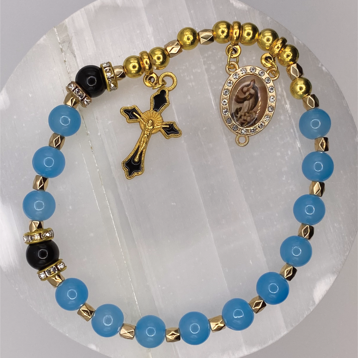 Powder Blue Black 1 Decade Gold Rosary Bracelet