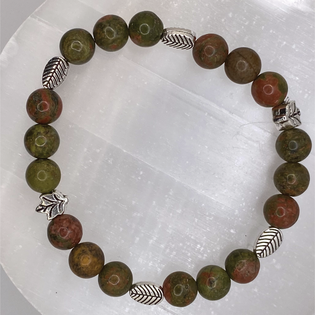 Unakite Bracelet with Silver Leaf Spacers