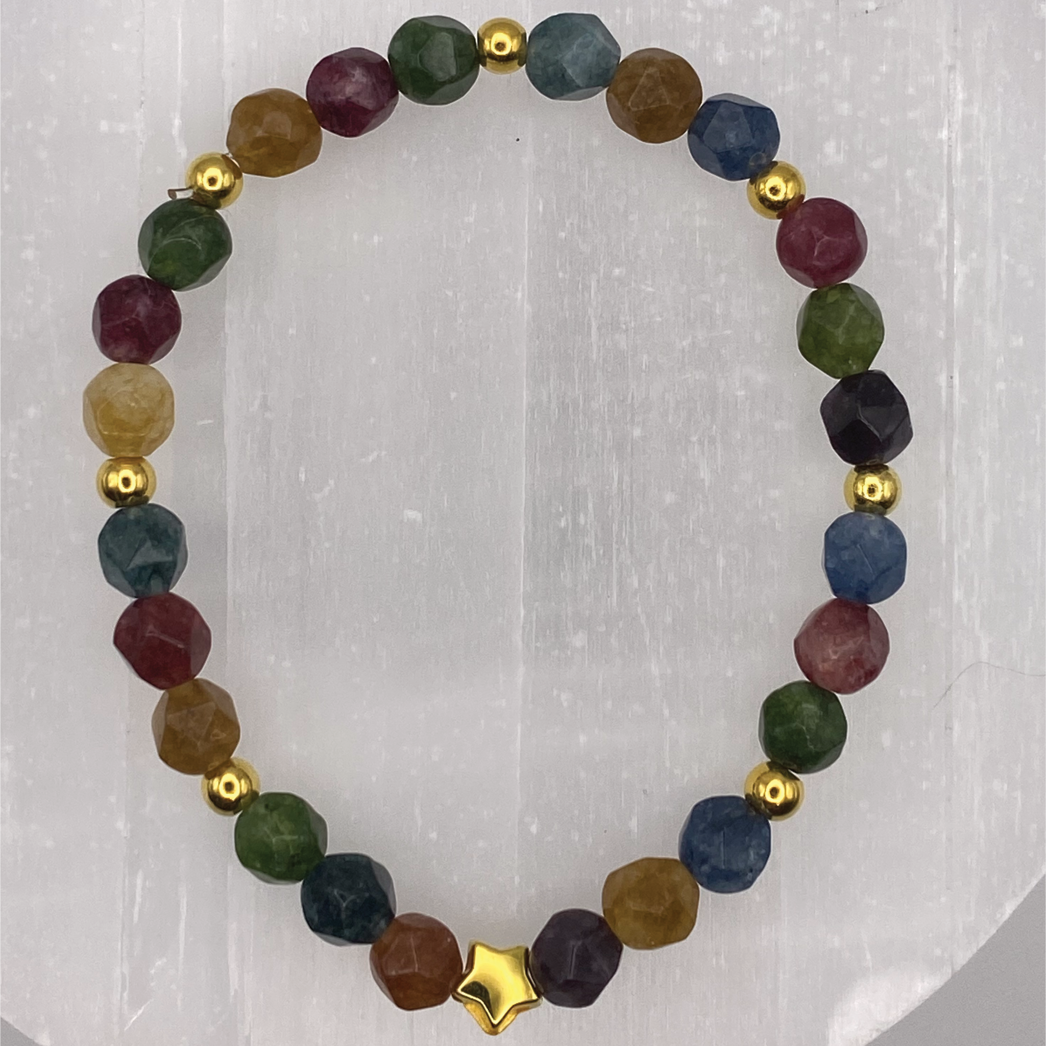 15 cm (5.9") Multi Colored Elbaite Gold Star Bracelet with Gold Spacers