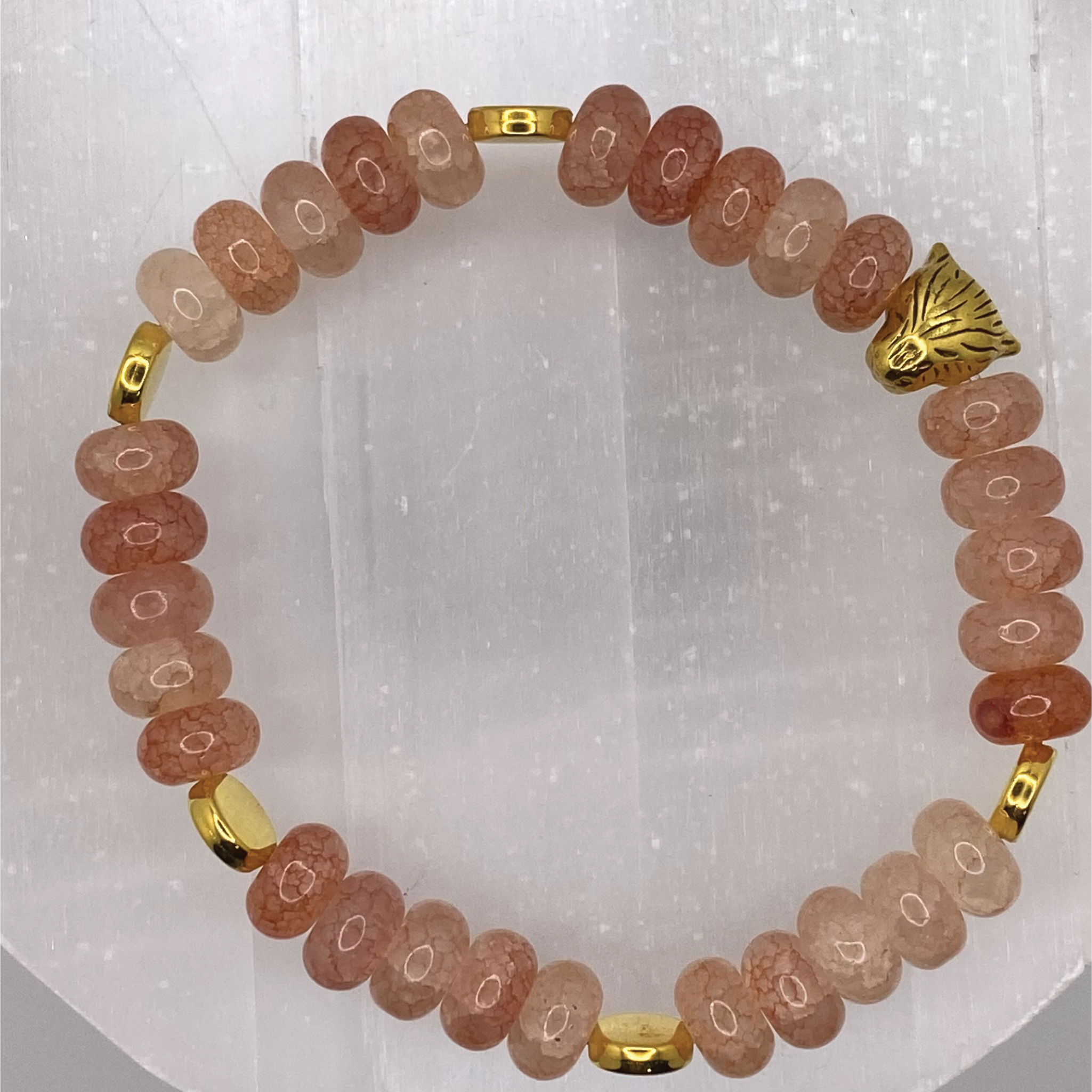 Rose Quartz Panther Charm Bracelet with Gold Tone Disc Spacers