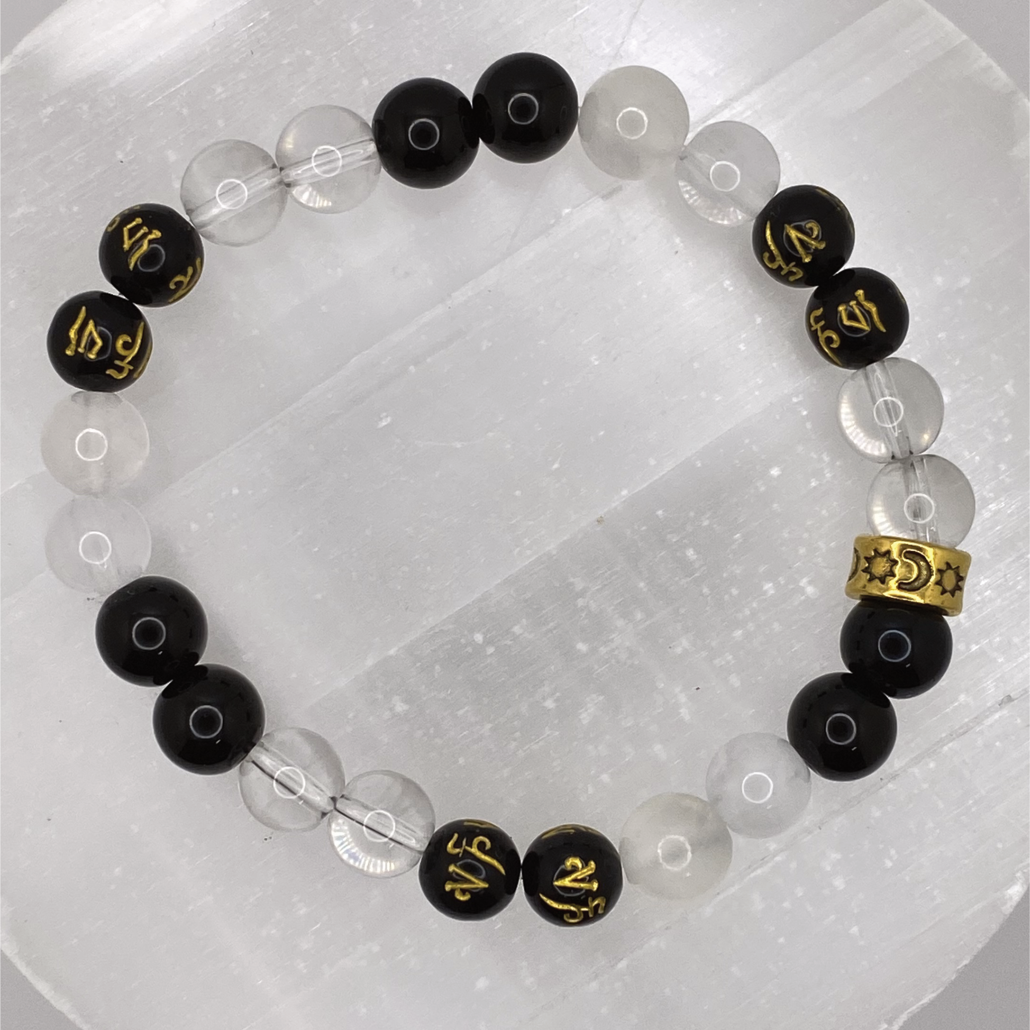 Clear Quartz Milky Quartz Black Pixiu Bracelet with Gold Tone Barrel Spacers