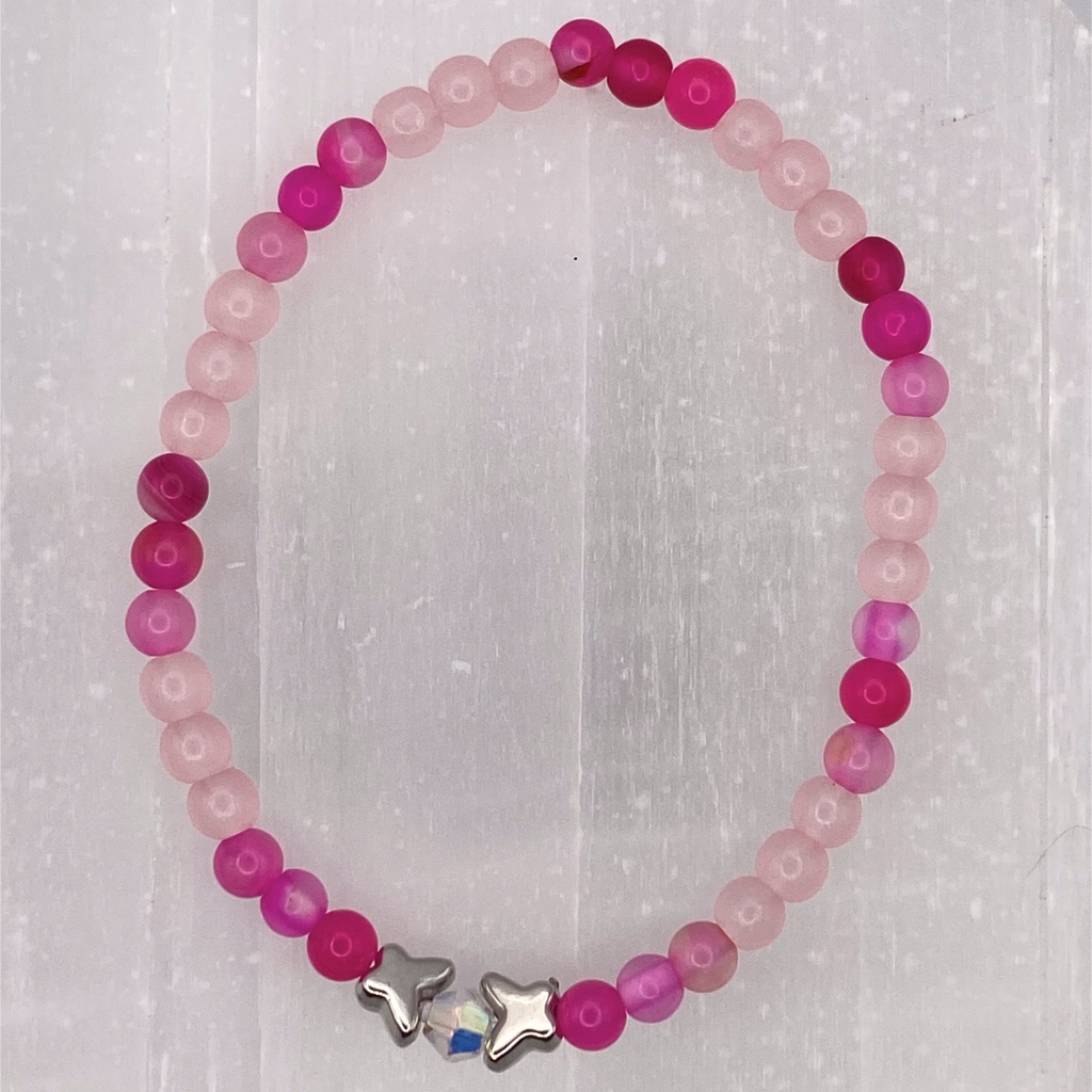 15 cm (5.9") Rose Quartz Pink Dragon Vein Silver Butterfly Bracelet with Crystal Spacers