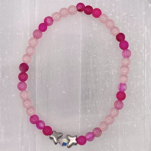 15 cm (5.9") Rose Quartz Pink Dragon Vein Silver Butterfly Bracelet with Crystal Spacers