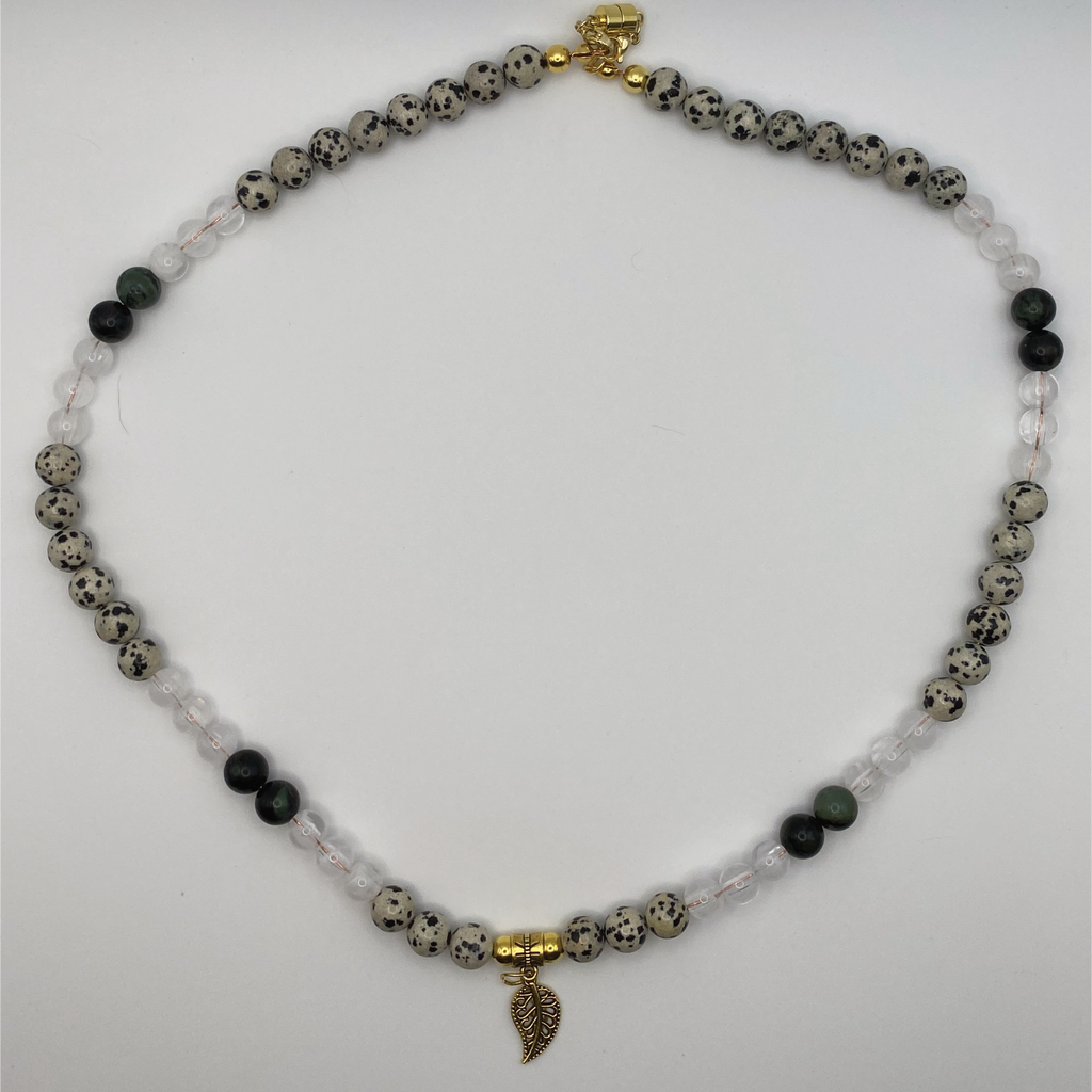 22" Tree Agate Kambamba Jasper Milky Quartz Leaf Charm Necklace with Gold Spacers