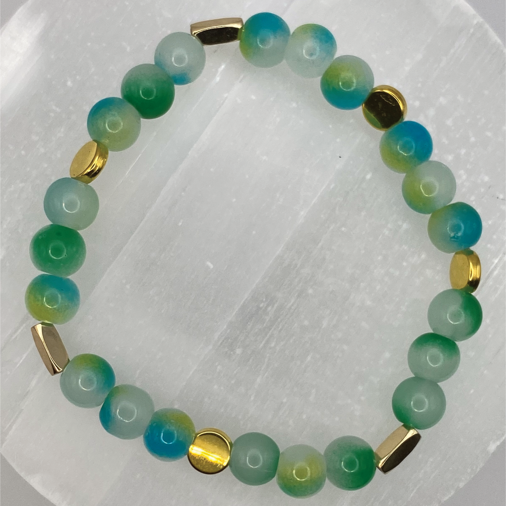 Teal Green Dragon Vein Agate Bracelet with Gold Spacers