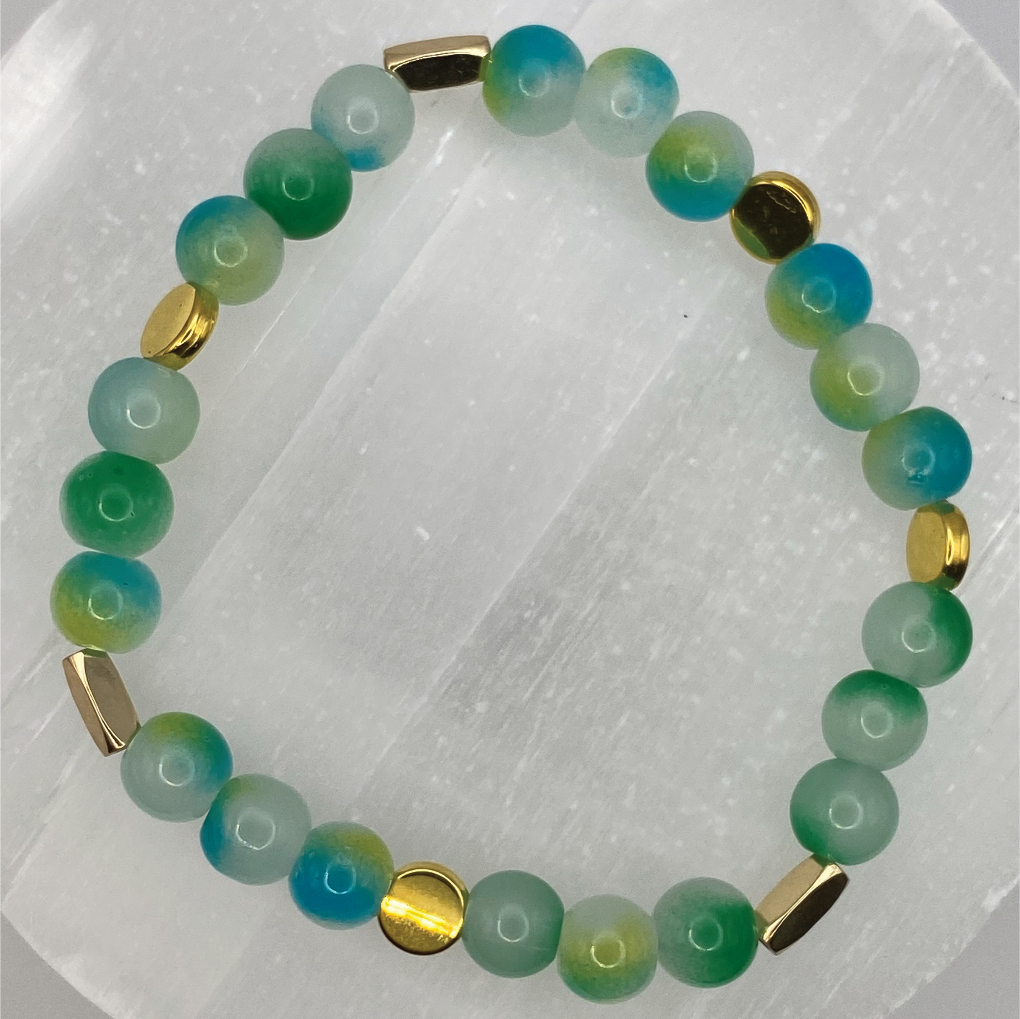 Pulsera de Ágata Veteada de Dragón Verde Azulado con Separadores Tono Dorado
