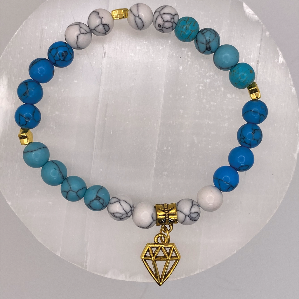 White Blue Howlite Diamond Charm Bracelet with Gold Star Spacers