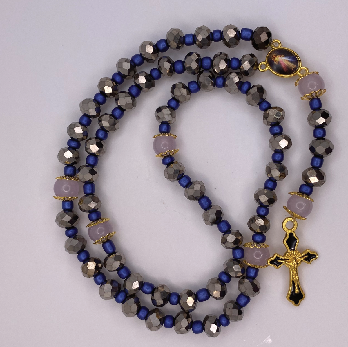 Grey Faceted Blue Spacers Full 5 Decade Gold Rosary