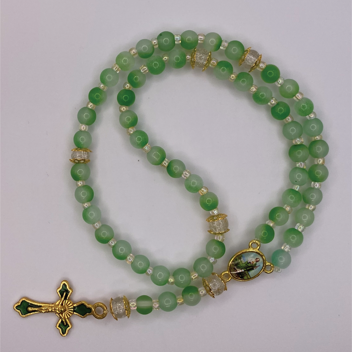 Clear Green Small Full 5 Decade Gold Rosary