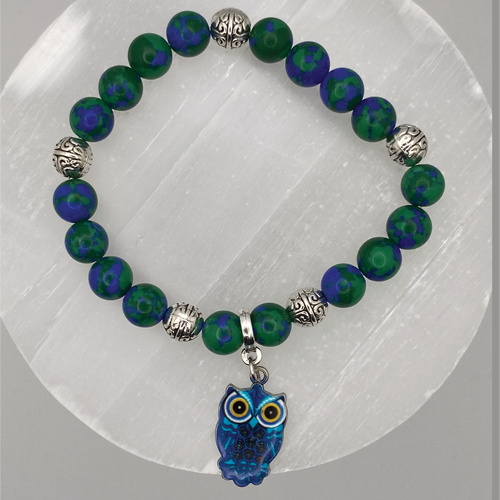 Azurite Blue Owl Charm Bracelet with Silver Spacers