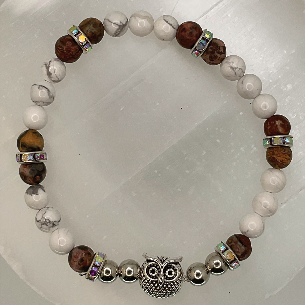 Desert Jasper Magnesite Owl Charm Bracelet with Silver and Crystal Spacers