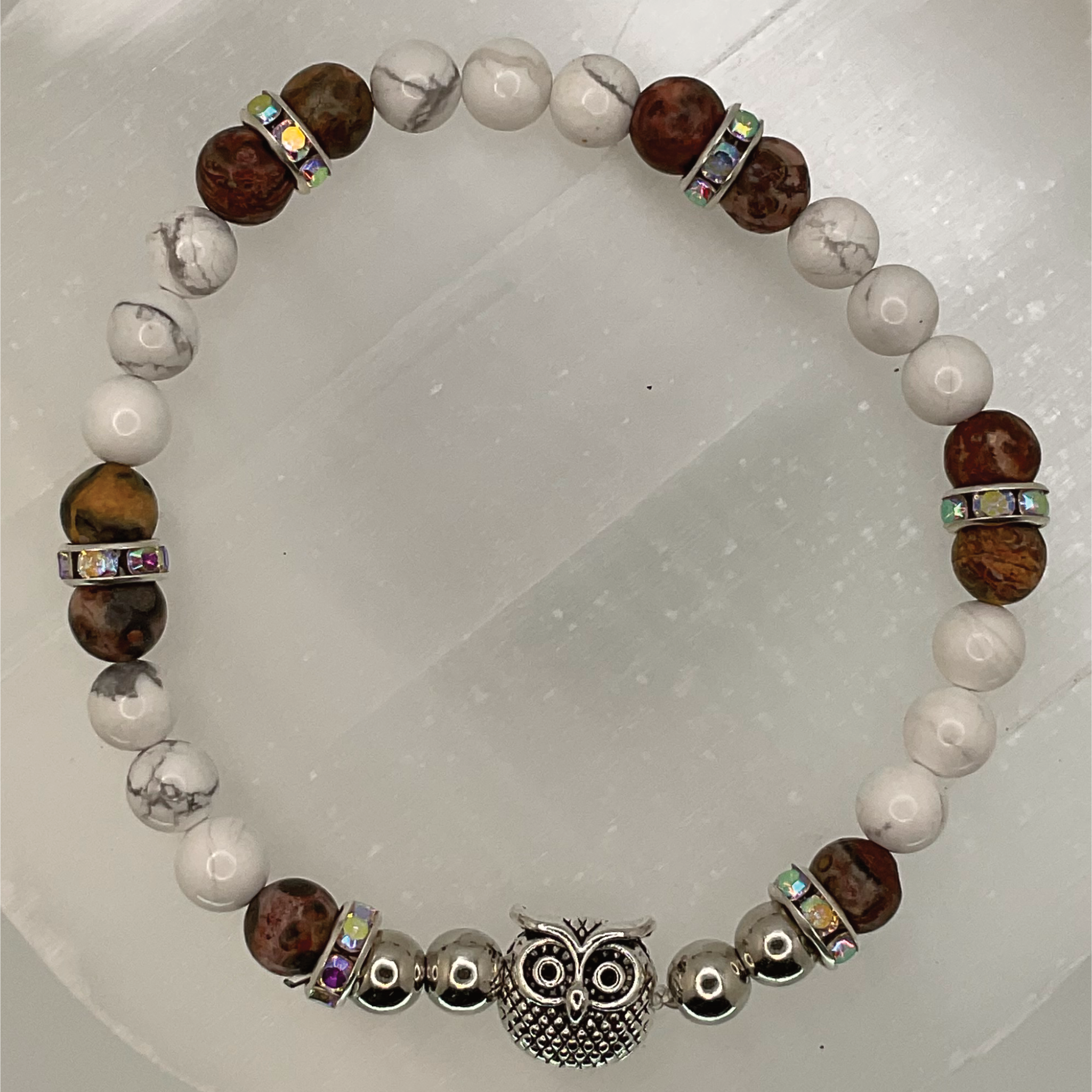 Desert Jasper Magnesite Owl Charm Bracelet with Silver and Crystal Spacers