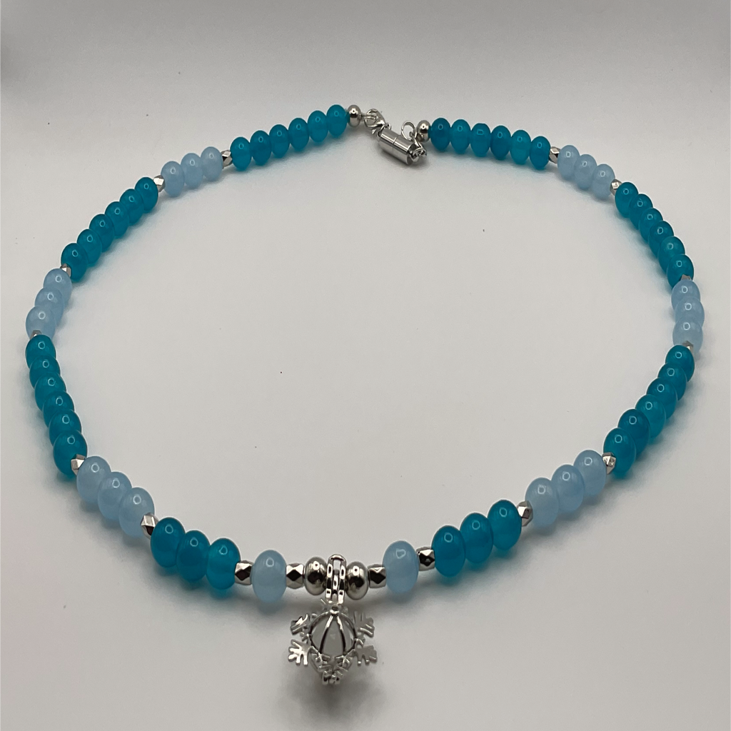 22" Multi-Blue Snowflake Charm Glass Necklace with Silver Spacers