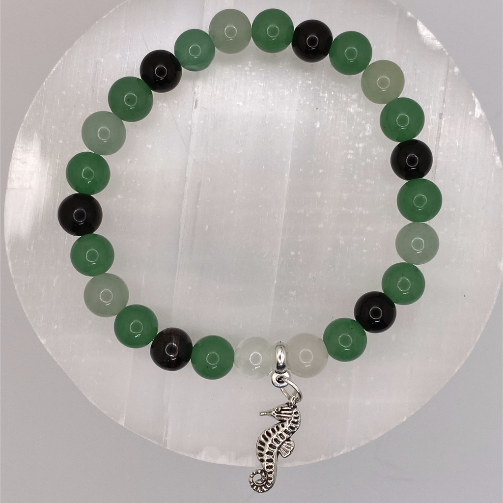 Green Chalcedony Black Agate Seahorse Charm Bracelet