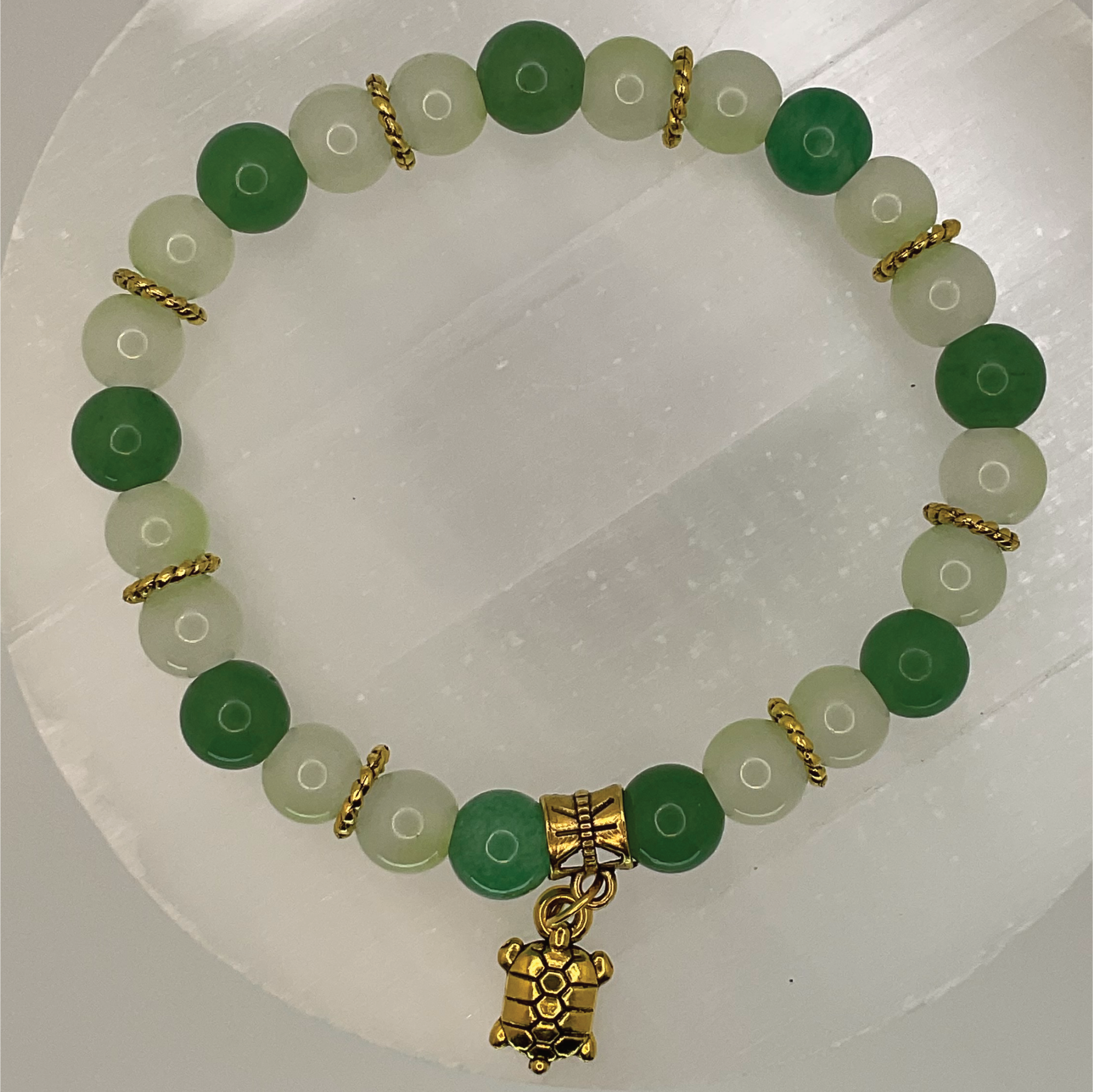 Green Chalcedony Turtle Charm Bracelet with Gold Spacers