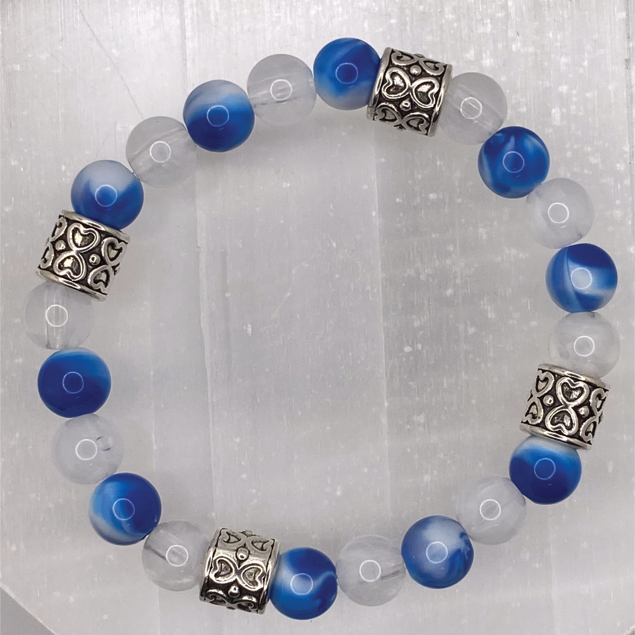 Milky Quartz Blue Dragon Vein Agate Bracelet with Silver Tone Barrel Spacers