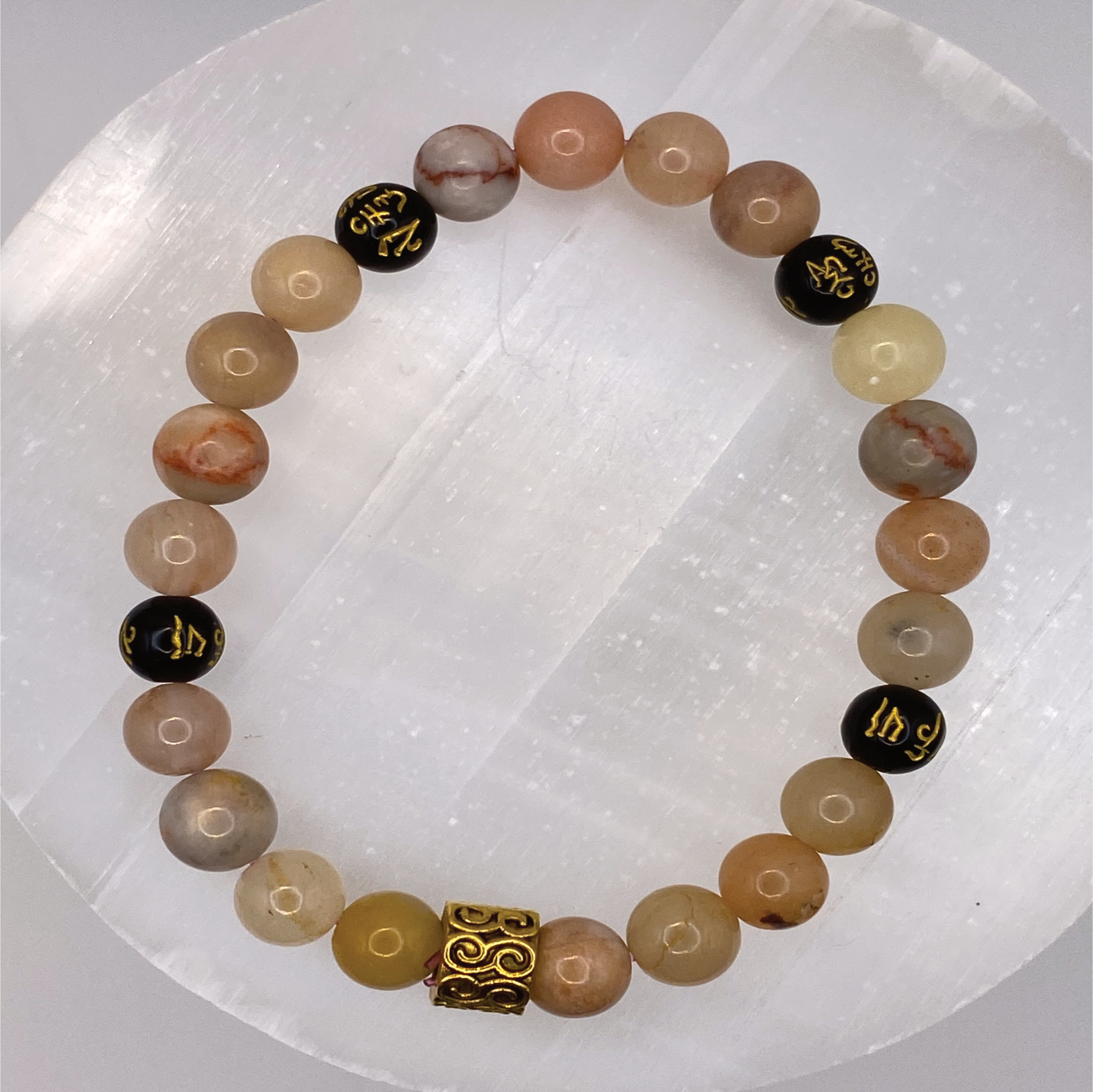Oriental Agate Pixiu Bracelet with Gold Tone Barrel Spacers