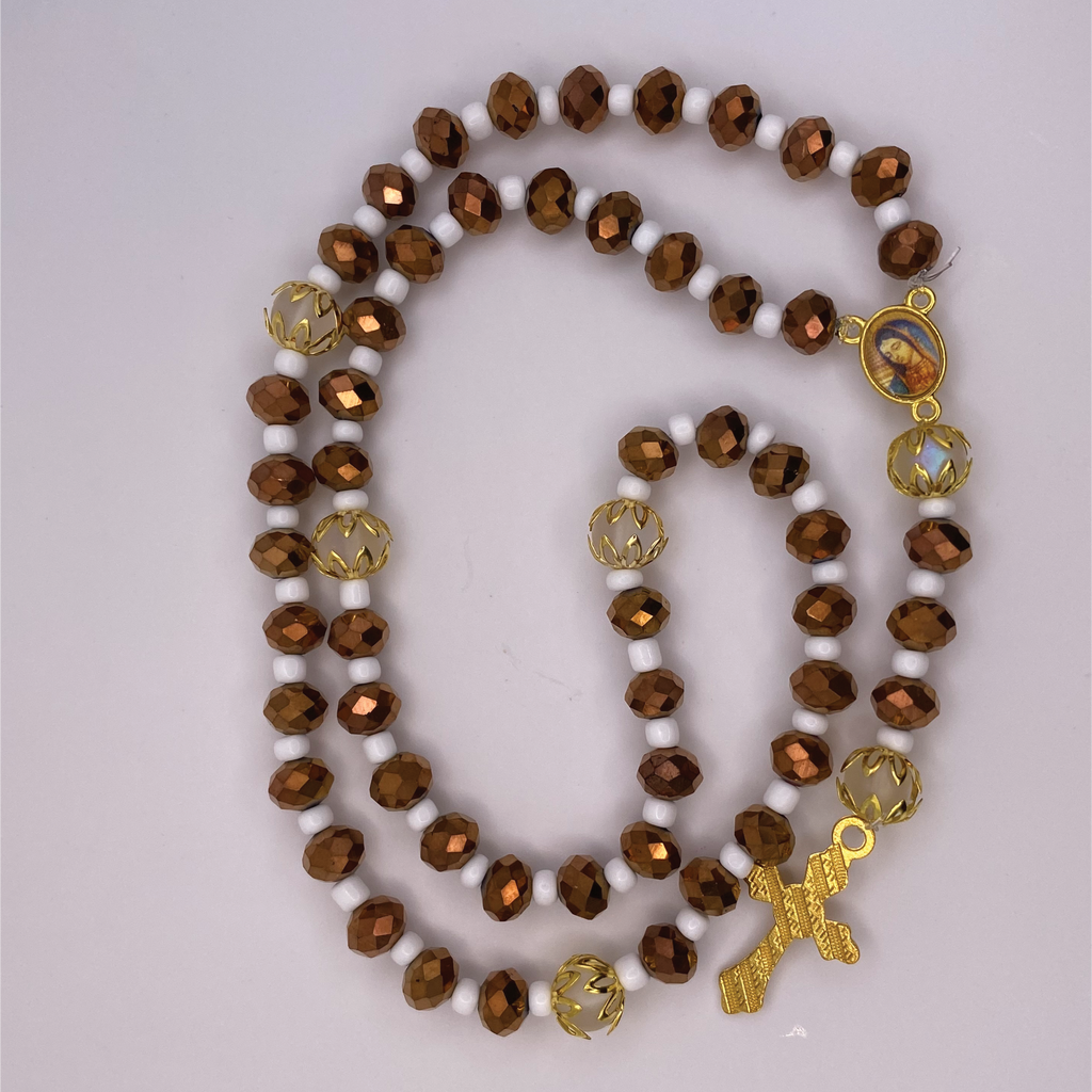Brown Faceted White Spacer Full 5 Decade Gold Rosary