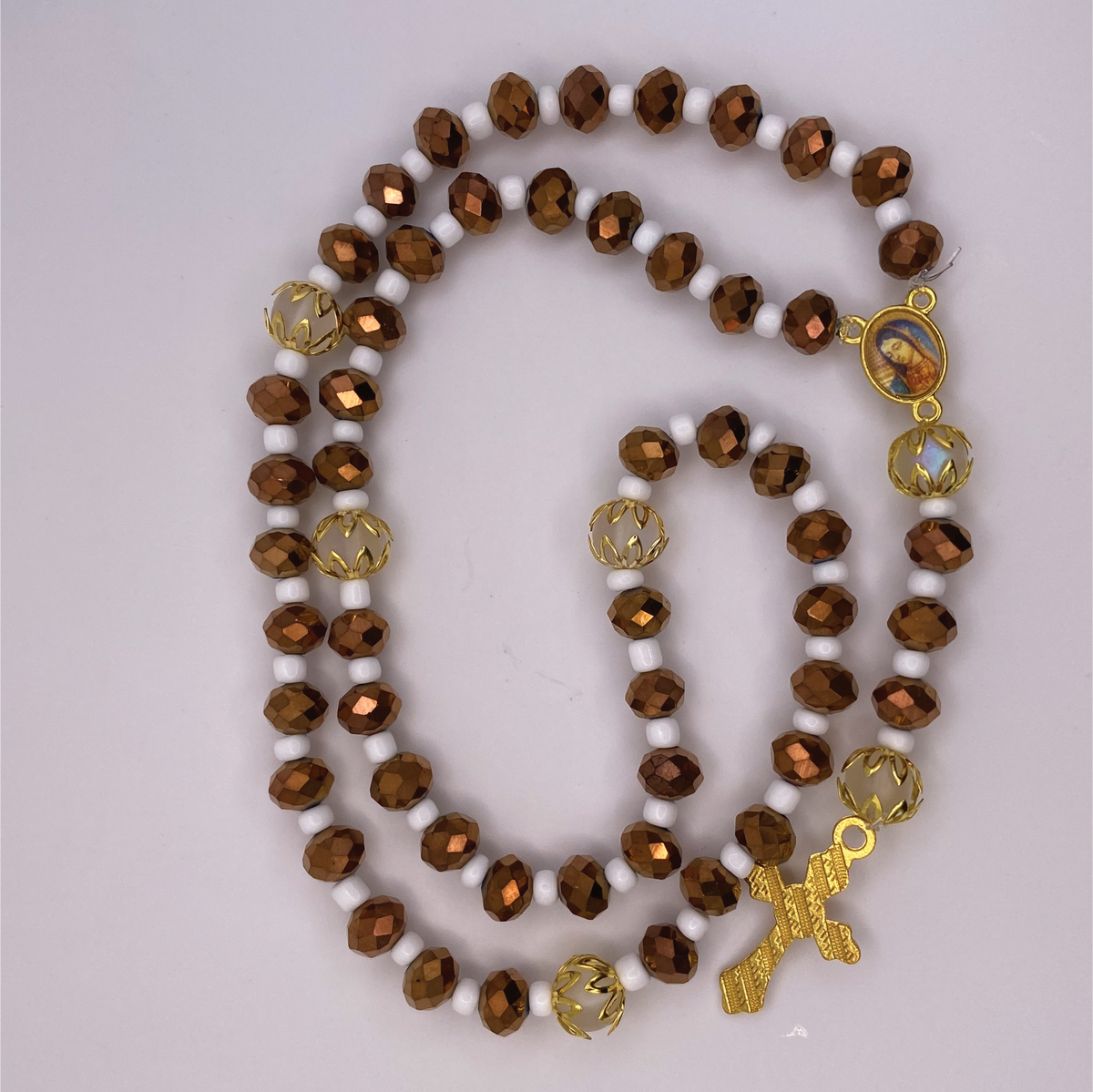 Brown Faceted White Spacer Full 5 Decade Gold Rosary