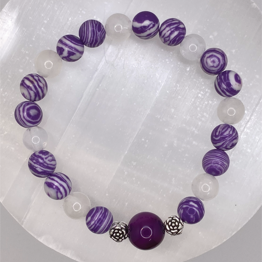 Pulsera de ágata Vena de Dragón Púrpura y cuarzo lechoso con separadores de plata