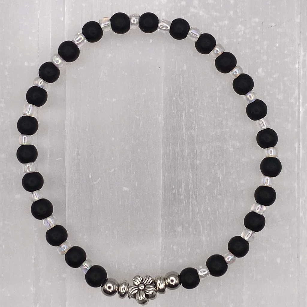 15 cm (5.9") Black Agate Clear Crystal Silver Flower Bracelet with Silver Spacers