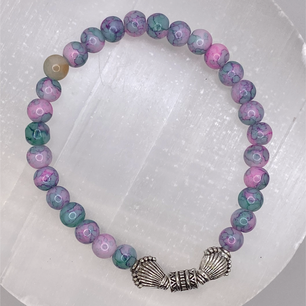 Pink Blue Tealdragon Vein Agate Bracelet with Silver Shell Spacers