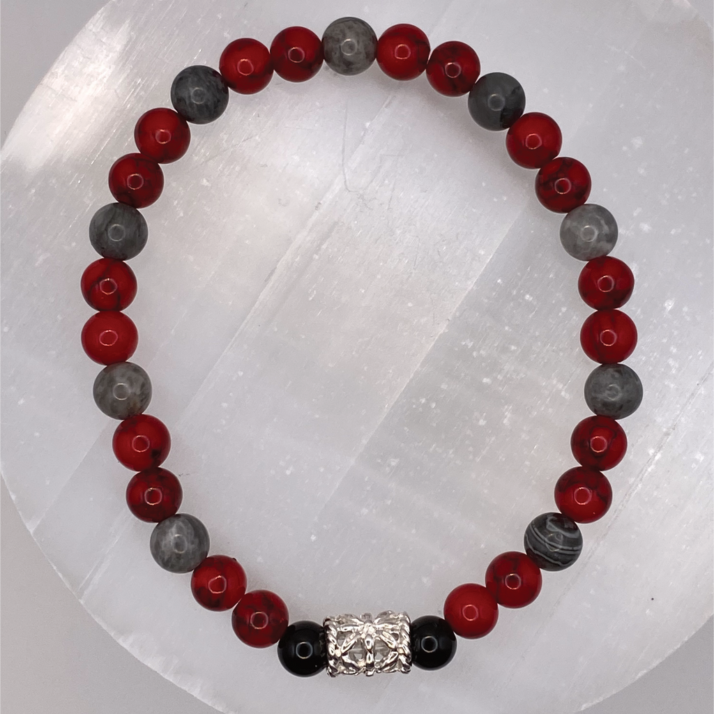 Red Howlite Angelite Black Agate Bracelet with Silver Tone Barrel Spacers
