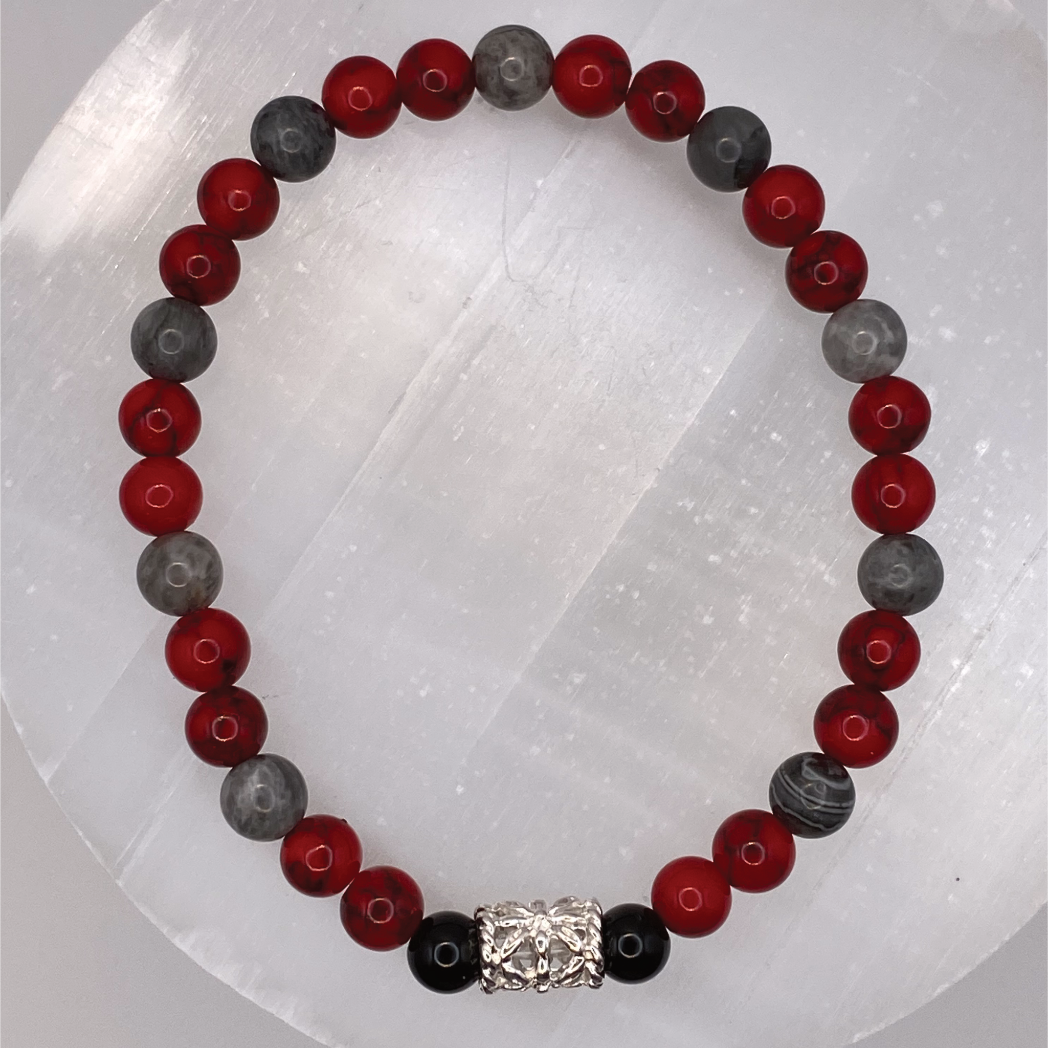 Red Howlite Angelite Black Agate Bracelet with Silver Tone Barrel Spacers