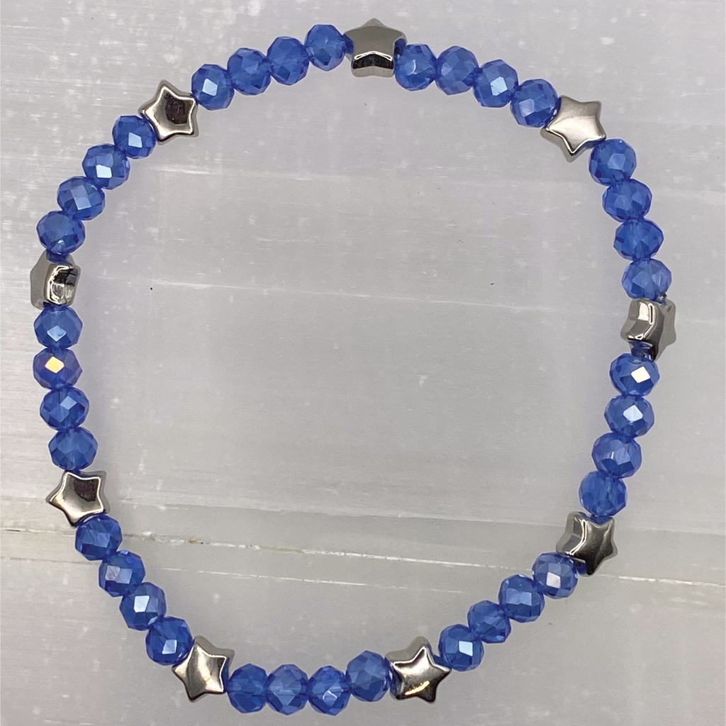 Blue Crystal Glass Bracelet with Silver Star Spacers