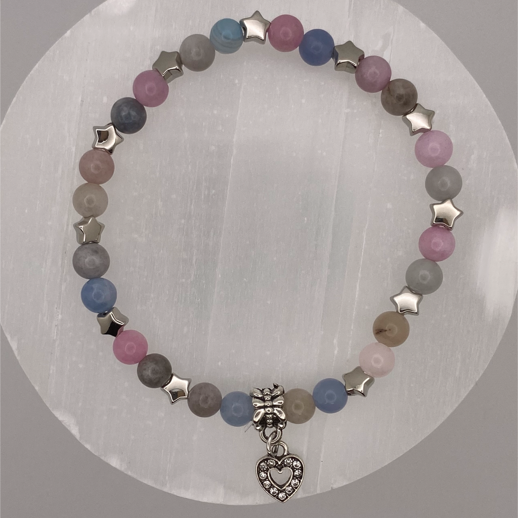 Morganite Heart Charm Bracelet with Silver Star Spacers
