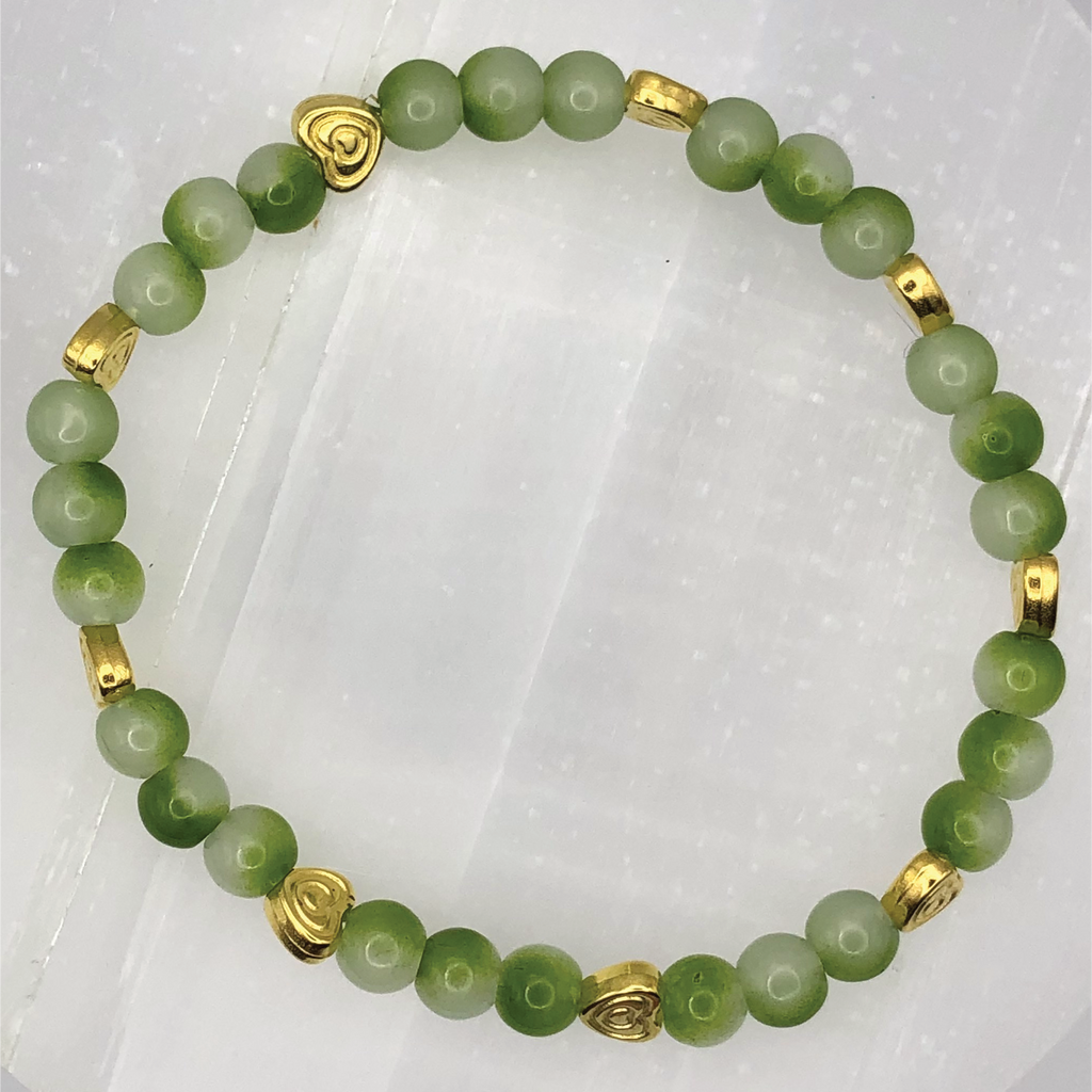 Cloudy Green Glass Bracelet with Gold Heart Spacers
