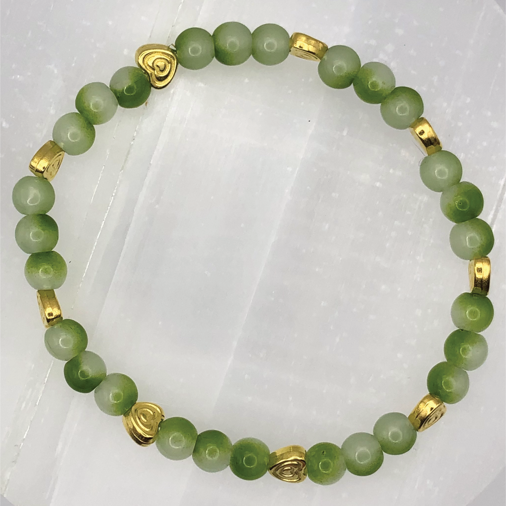 Cloudy Green Glass Bracelet with Gold Heart Spacers