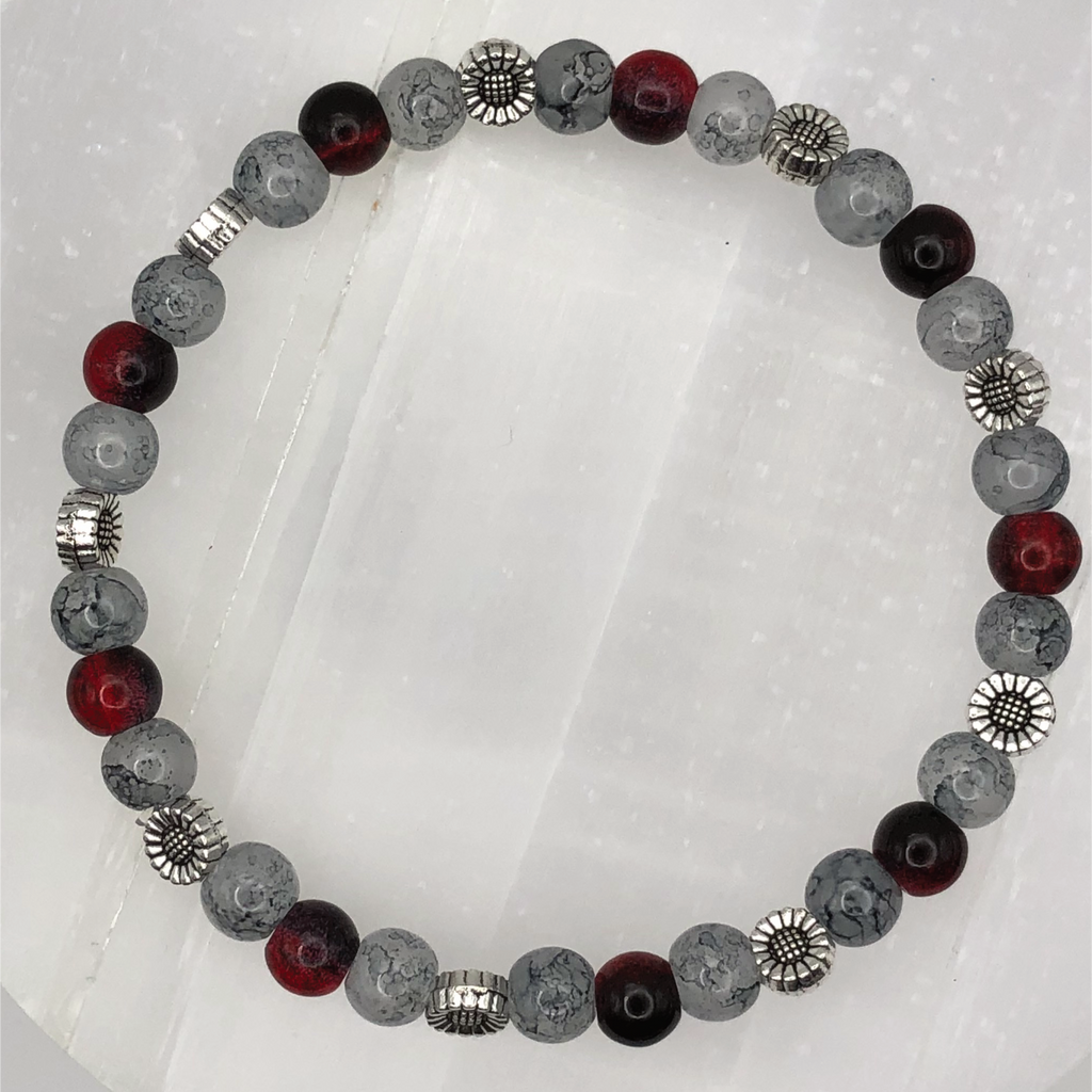 Red Clouded Black and Grey Glass Bracelet with Silver Flower Spacers