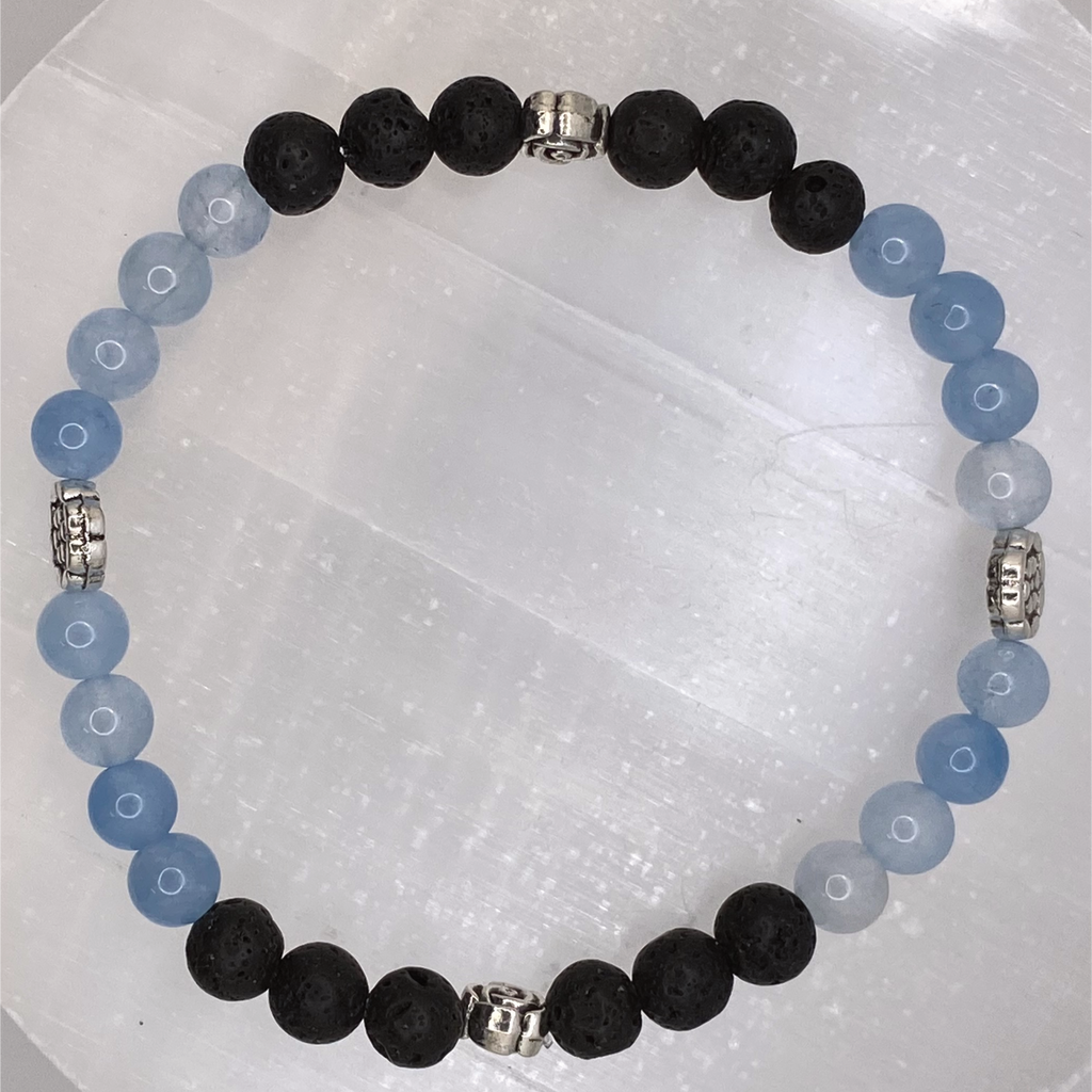 Pulsera de berilo aguamarina y roca de lava con espaciadores de plata