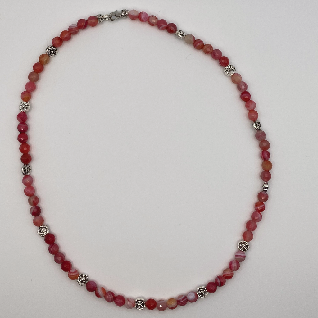 18" Pink Dragon Vein Agate Necklace with Silver Flower Spacers